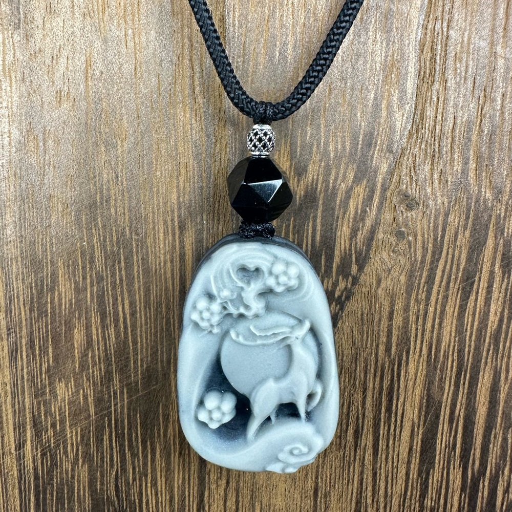 Tai Chi Stone Deer Pendant Necklace on Black Adjustable Rope - Picture 6 of 11